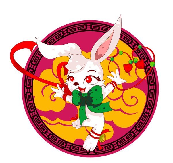 2011 卡通形象 卯兔 飞天兔子 手舞足蹈 舞蹈 吉祥物 psd分层源文件 铃铛 中国风 兔年生肖 喜庆卡通形象 节日 图图1号 传统圆形纹样背景 红色 云纹 舞动的飘带 红色绸带 绿色的蝴蝶结 开心 长长的耳朵
