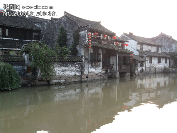 西塘,摄影图,旅游摄影,浙江旅游风景图片; 湖水 水中倒影 房子 树