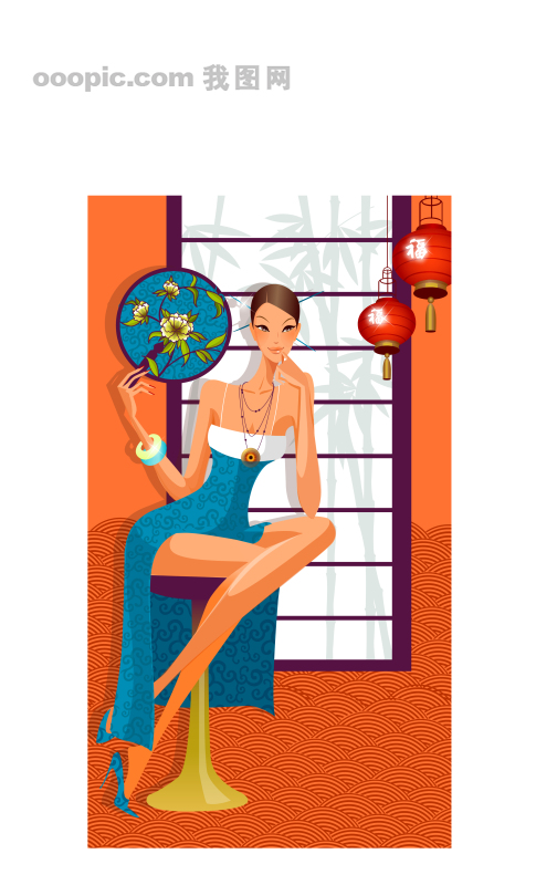 美女 花 竹子 扇子 灯笼,美女,花 竹子,扇子 灯笼