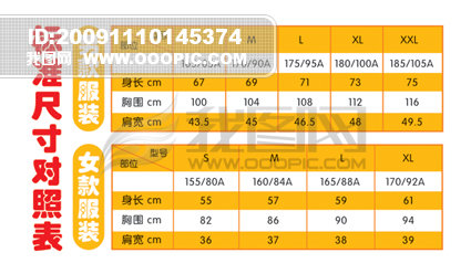 服装标准尺寸对照表模板下载(图片编号:73688